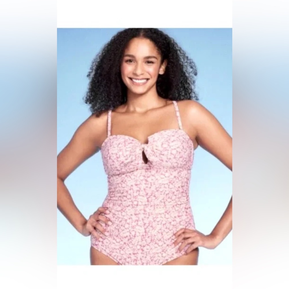 NWOT Kona Sol Women's Tie-Front Pink Floral One-Piece Bathing Suite